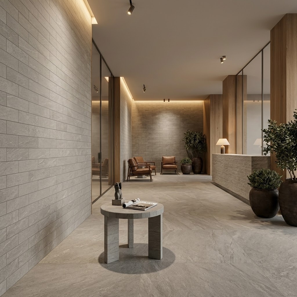 Modern hotel lobby design in New Jersey using high quality 4x12 grey slate look porcelain tiles.