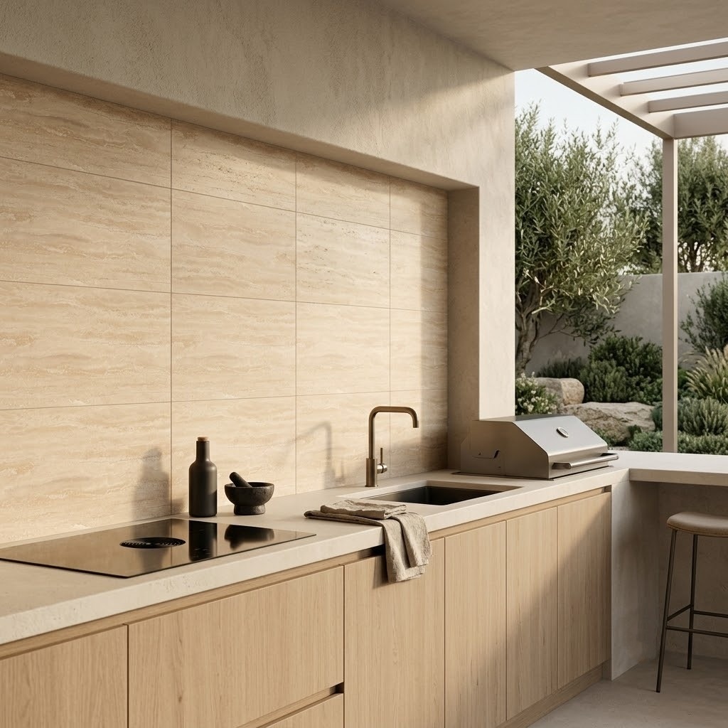 An outdoor luxury New York kitchen featuring a seamless backsplash made from Ivory Vein Cut Honed Travertine Tile.