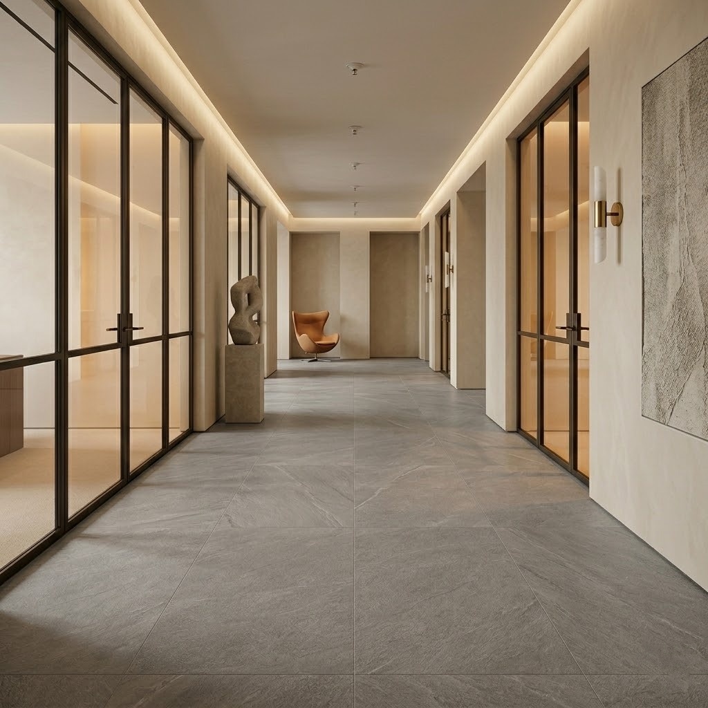 Premium gray porcelain tile floor installed in a luxury corridor, a top choice for contemporary Fairfax flooring renovations.