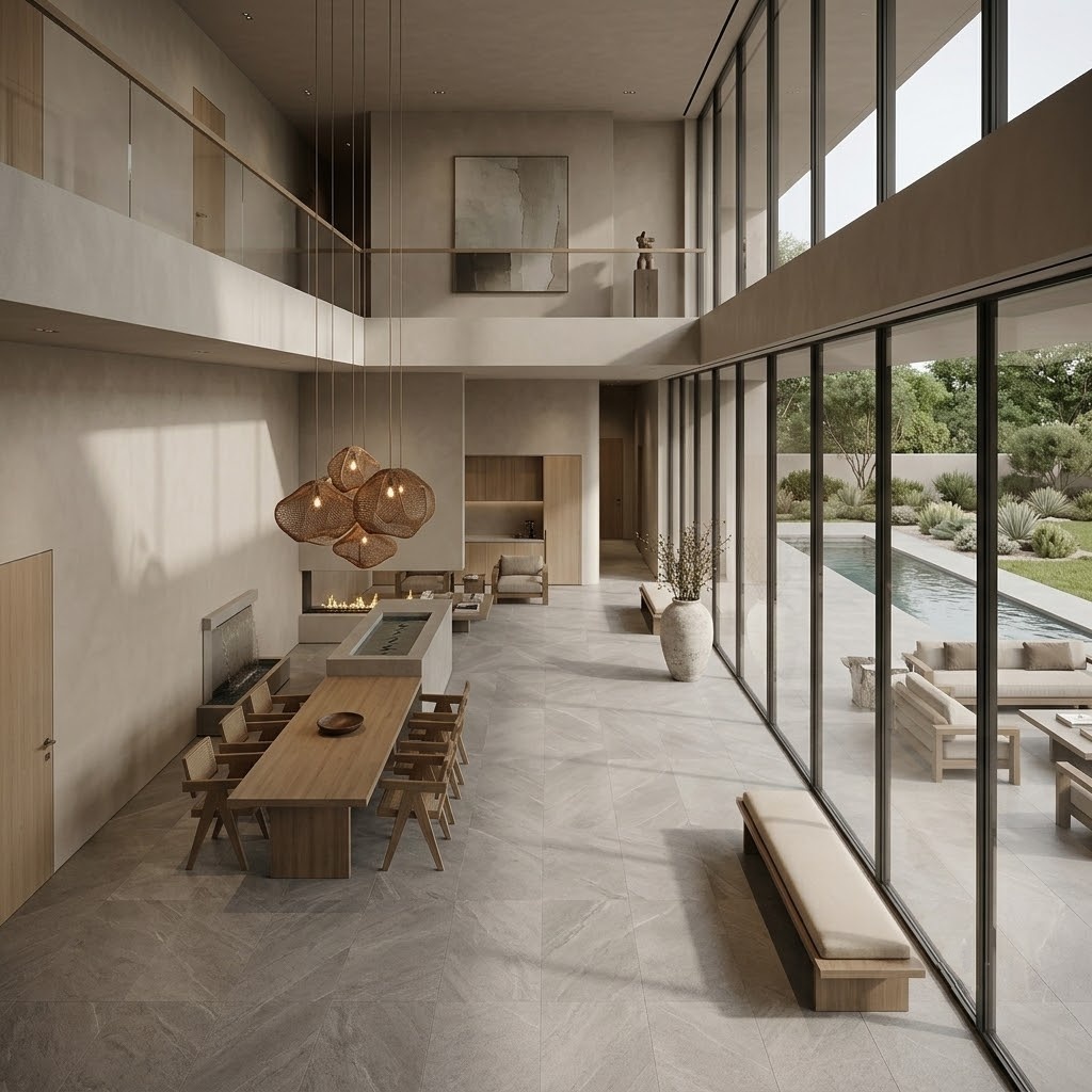 A view of a modern Pompano Beach hotel lobby featuring Silver Natural Porcelain Tile.