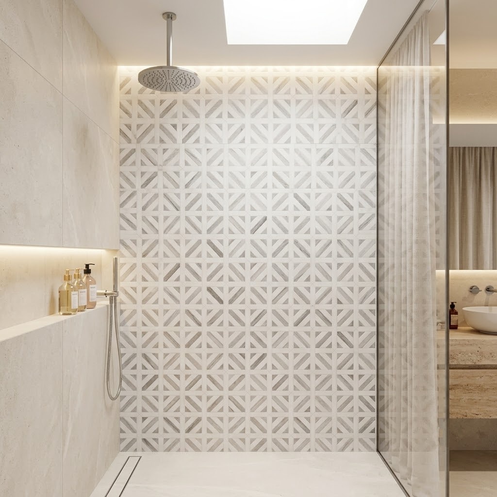Walk in shower featuring a feature wall of Skyline Snow White honed marble Ponte Basket mosaic tiles in Fairfax.