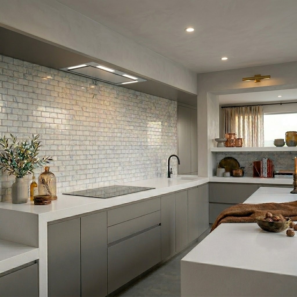 Modern New York kitchen with White Carrara Polished Marble Tile backsplash.