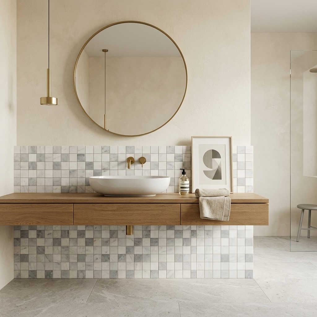 Minimalist bathroom featuring the Allure Light, Snow White, Glacier Honed 2x2 marble mosaic tile as a vanity backsplash.