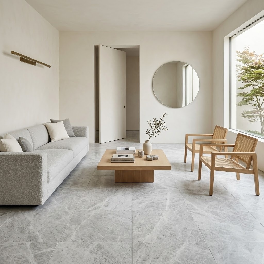 Minimalist New York living room featuring flooring.