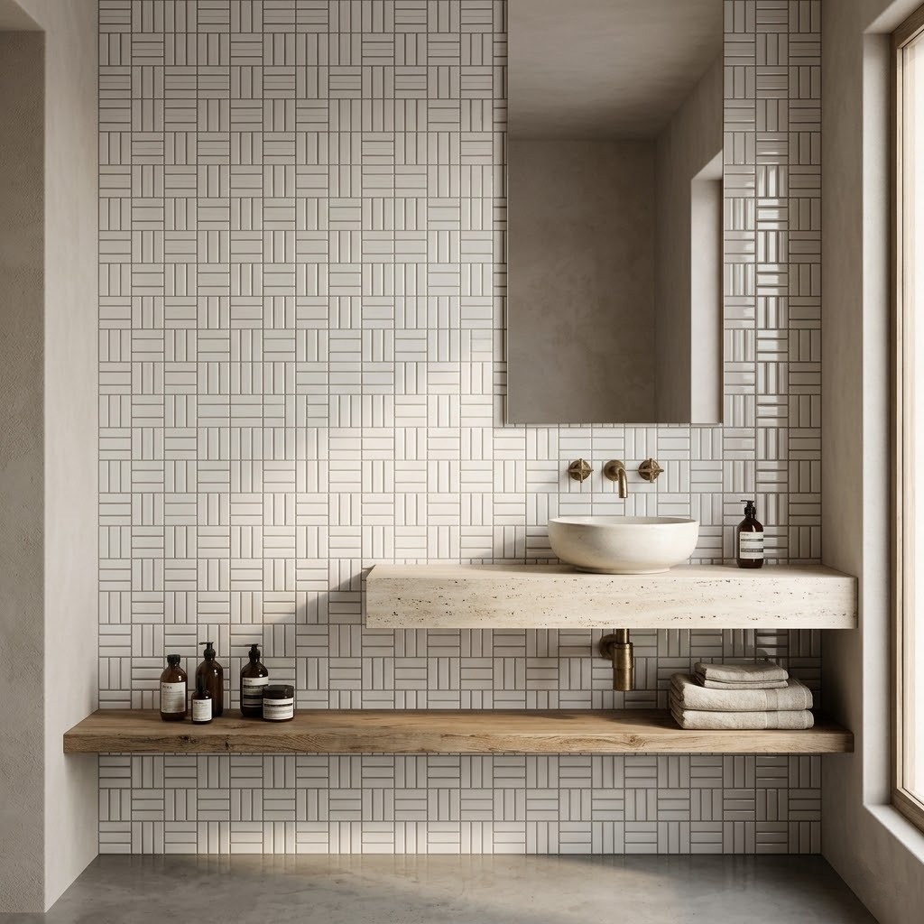 A modern bathroom featuring the best 5 tiles in Fairfax: a textured white mosaic tile wall.
