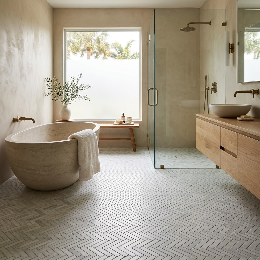 Modern luxury bathroom in Pompano Beach featuring elegant Alpina White Honed Herringbone Marble Mosaic tile flooring.
