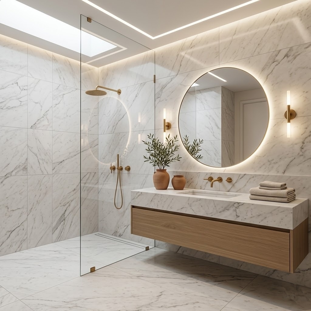 Luxury warm minimalist New York bathroom design showcasing sleek white honed marble tile flooring and matching shower walls.