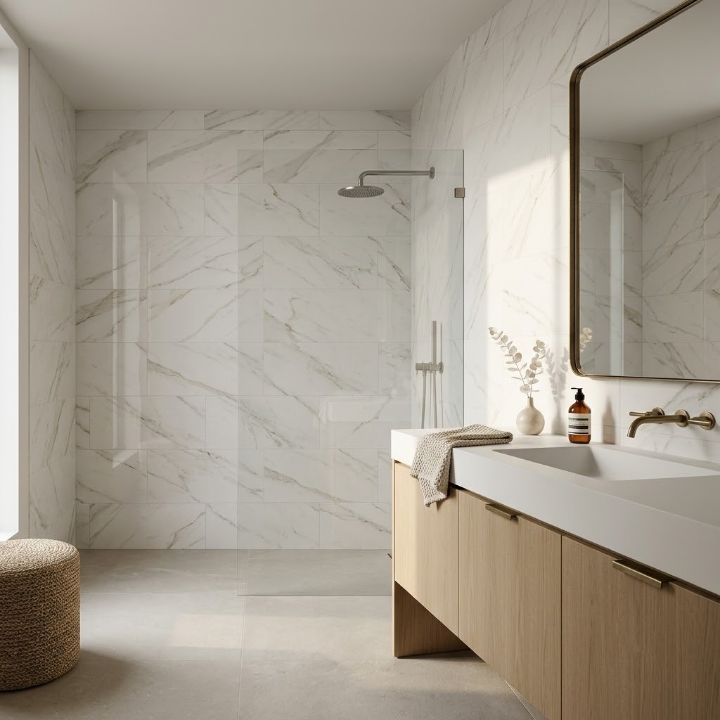 Modern New York bathroom design featuring crystal white polished marble look porcelain tile on the shower walls.