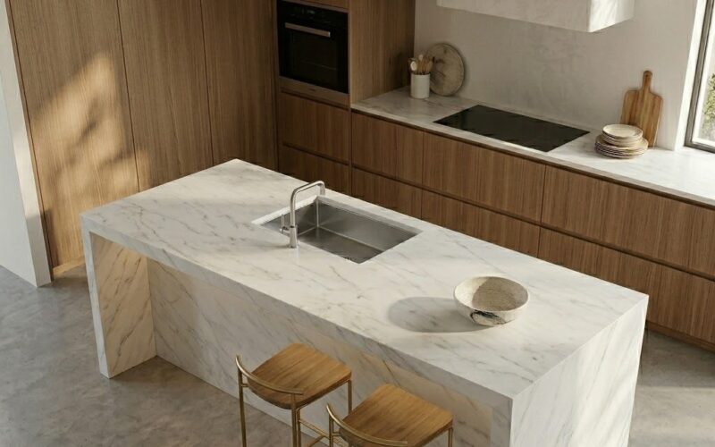 A modern kitchen featuring a sleek, white polished marble slab waterfall island in New Jersey.