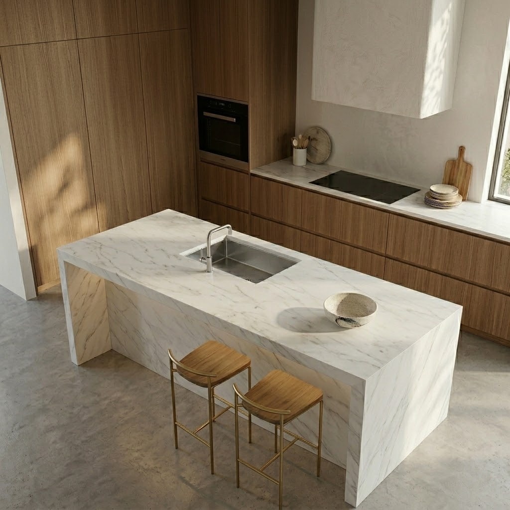 A modern kitchen featuring a sleek, white polished marble slab waterfall island in New Jersey.
