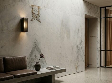 Modern luxury commercial lobby wall featuring high-end white marble tile, available in New Jersey.