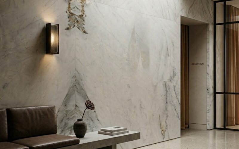 Modern luxury commercial lobby wall featuring high-end white marble tile, available in New Jersey.