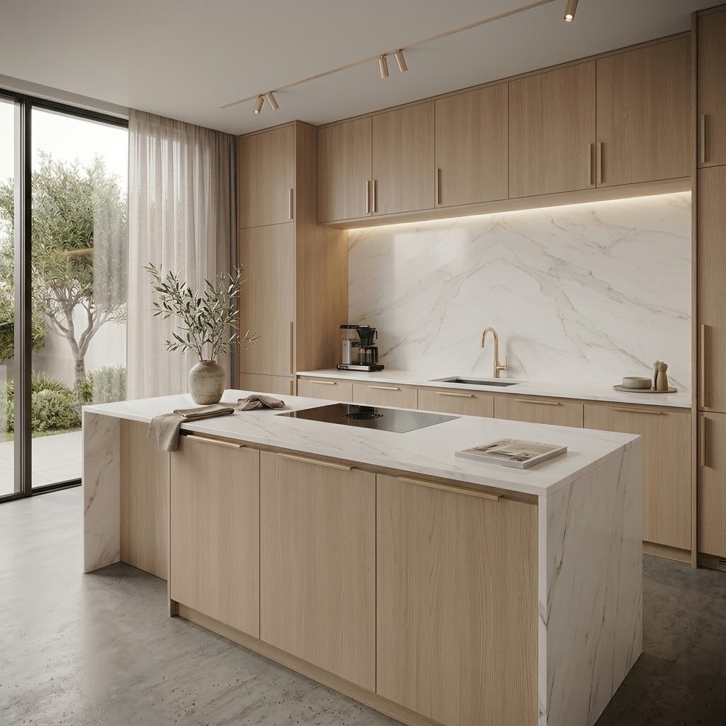 Modern kitchen in Anaheim featuring premium marble surfaces.