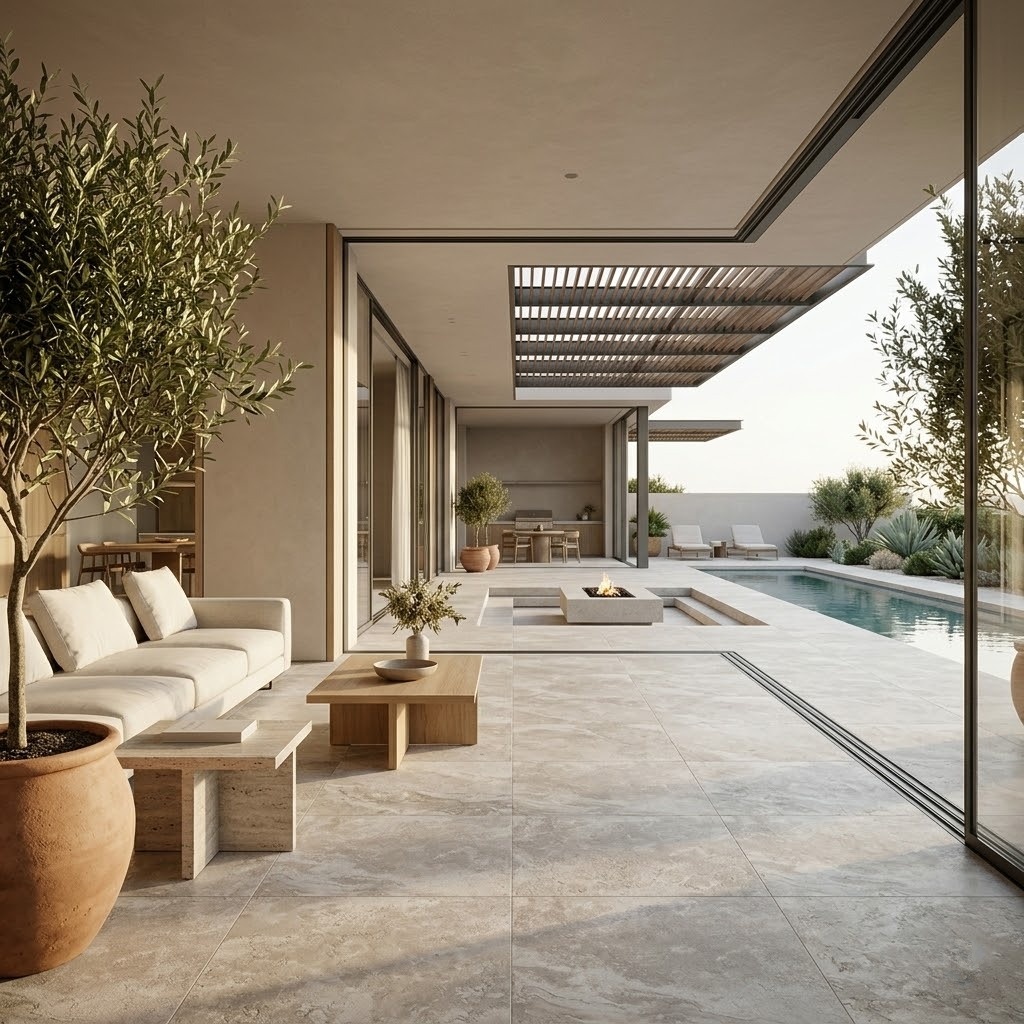 Luxurious indoor outdoor living area featuring White Textured Porcelain Pavers in Pompano Beach home.