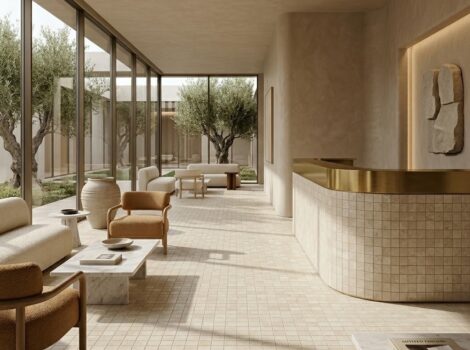 A minimalist hotel lobby interior showcasing the fairfax aesthetic, with floors and walls.