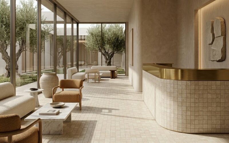 A minimalist hotel lobby interior showcasing the fairfax aesthetic, with floors and walls.