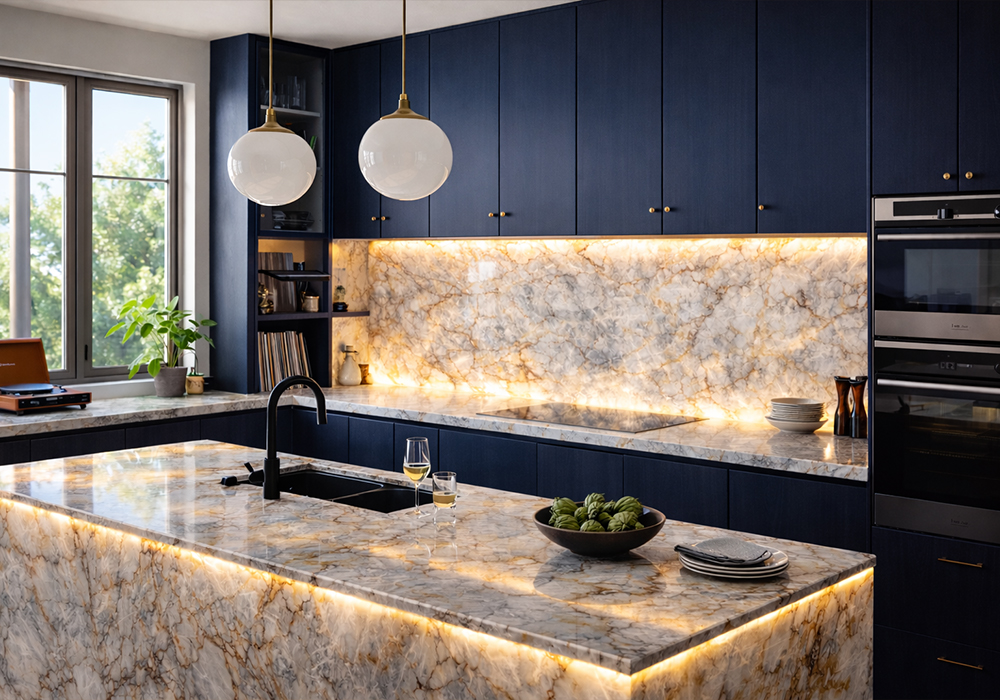 cristallo quartzite kitchen island with slab backsplash