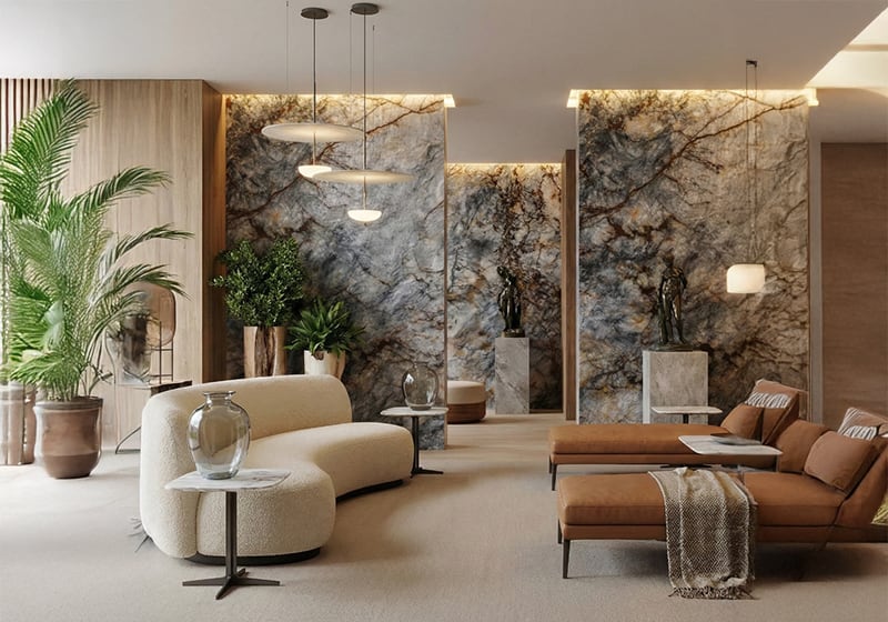 blue quartzite slab wall design with cristallo quartzite