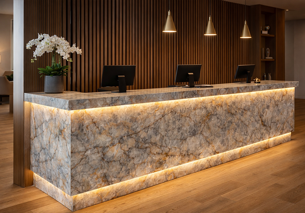 cristallo quartzite slab reception desk design
