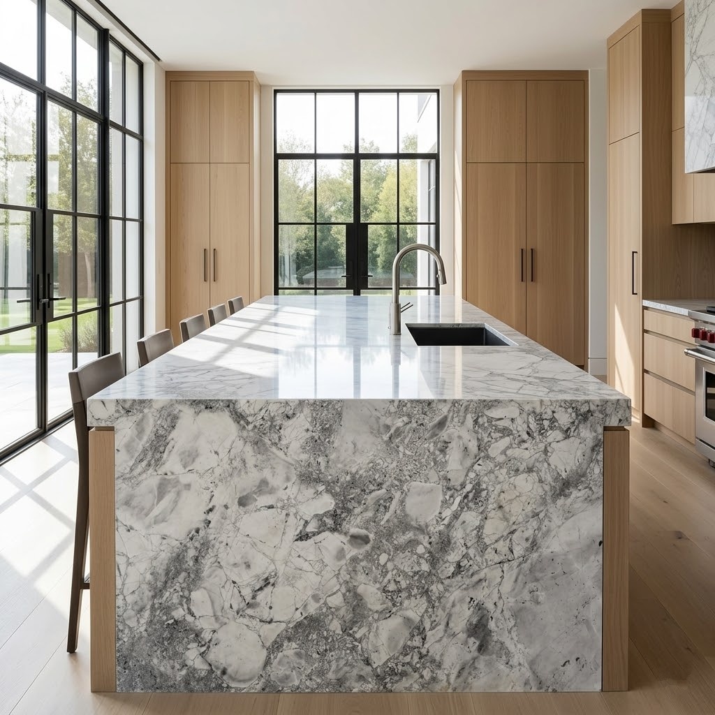 mont blanc quartzite kitchen island with waterfall edge profile