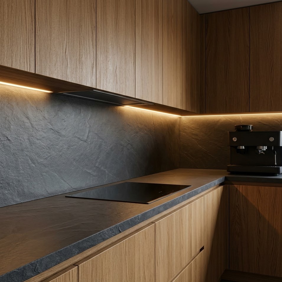 slate countertops with oak cabinets