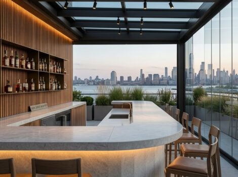Albatre Blanc Polished Quartzite slab countertop on a modern rooftop bar in New Jersey.