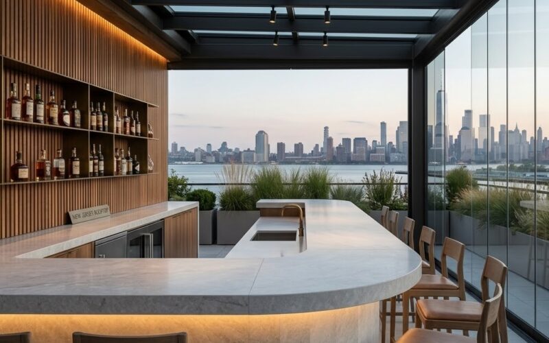Albatre Blanc Polished Quartzite slab countertop on a modern rooftop bar in New Jersey.