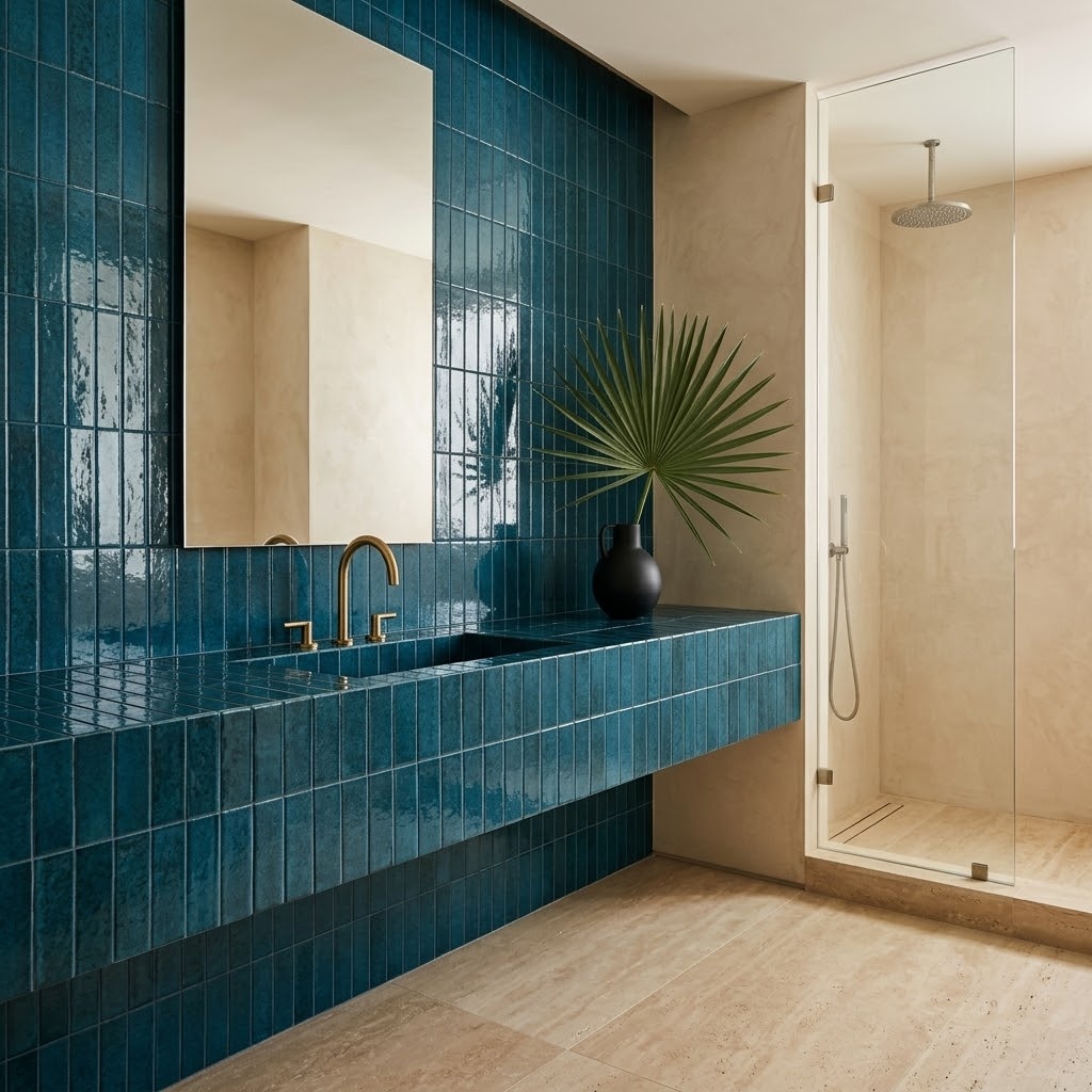Miami bathroom tile ideas showcasing vibrant Aquamarine Glossy Thin Brick Tile.