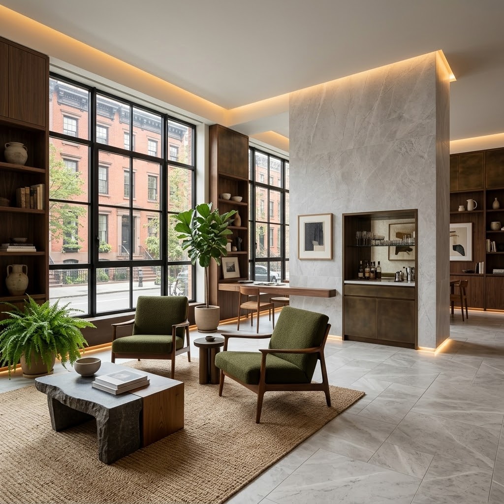 Avalanche Honed Marble Tile flooring in a contemporary New York apartment interior.
