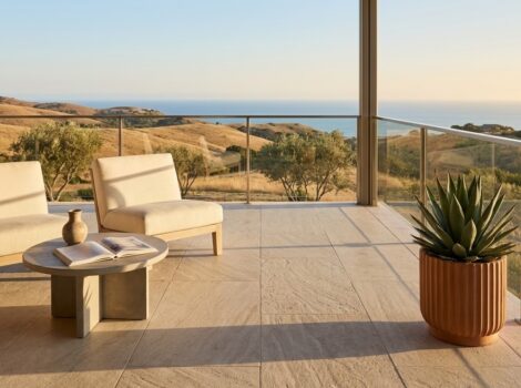 Beige brushed limestone tile flooring on a modern balcony in anaheim.