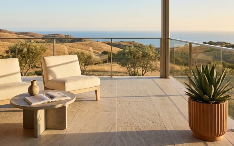 Beige brushed limestone tile flooring on a modern balcony in anaheim.