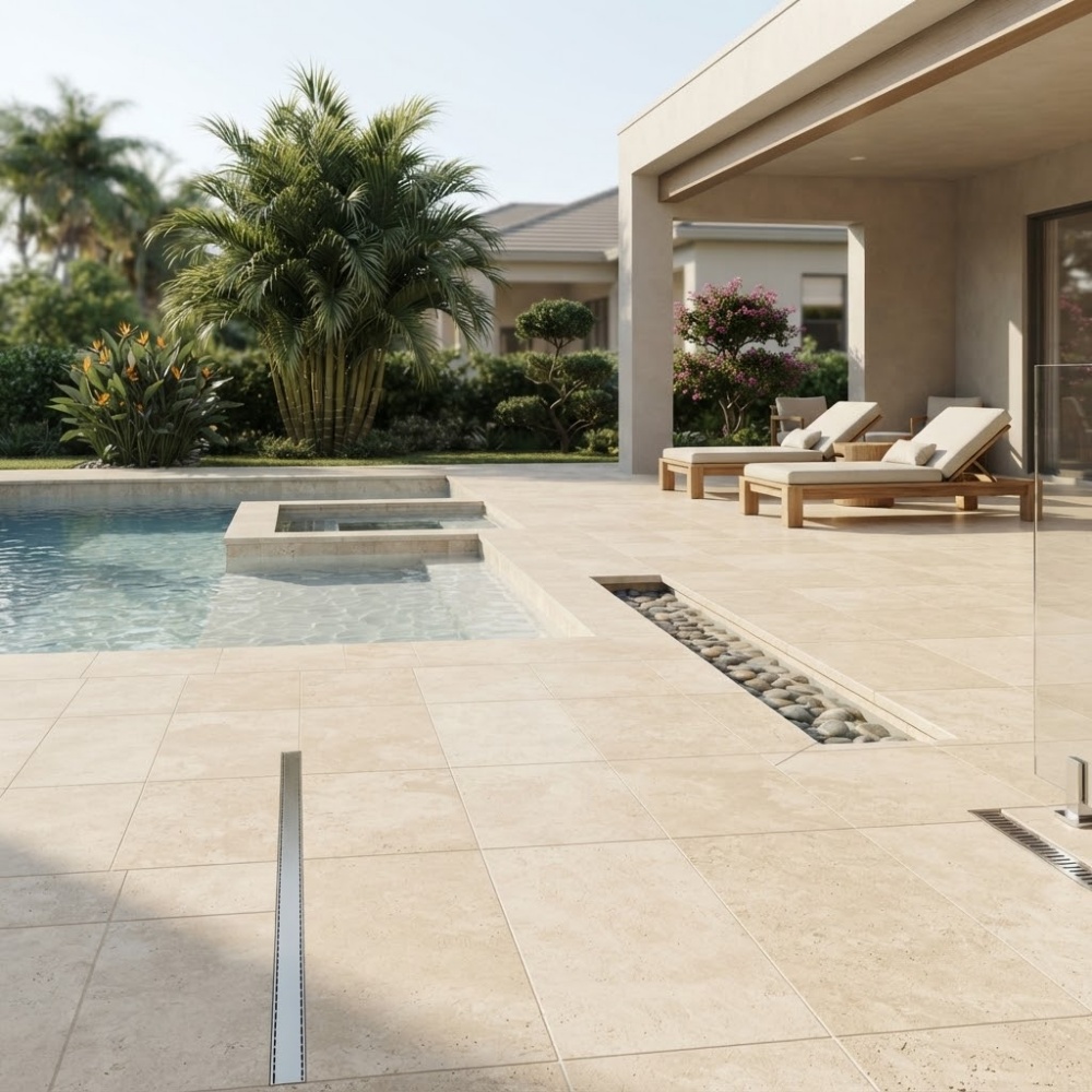 Beige brushed travertine tile pool deck pavers in Pompano Beach.