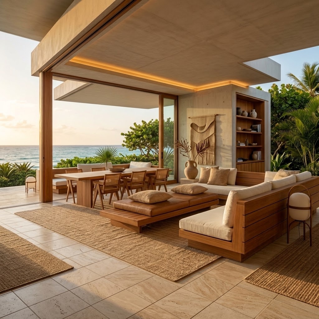 Modern Puerto Rico interior design featuring Ivory Brushed Travertine Tile flooring.