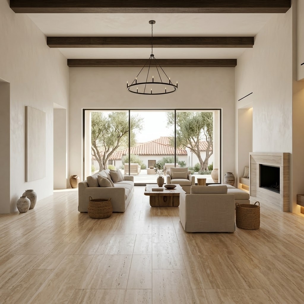 Beige honed travertine tile flooring in a Anaheim home.