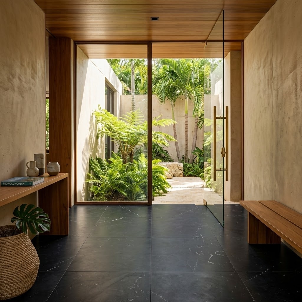 Modern Puerto Rico interior design entry featuring Belgium Black Honed Marble Tile.