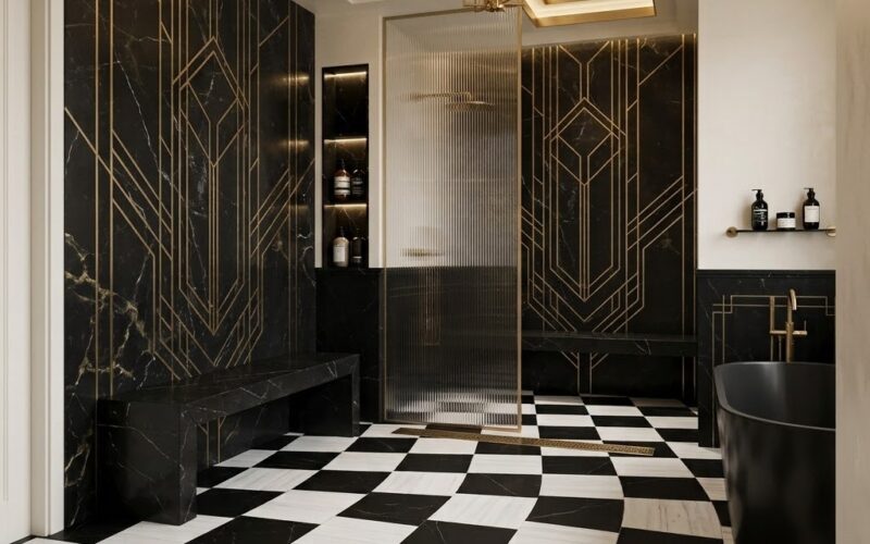 Luxury Art Deco Miami bathroom featuring Bianco Dolomiti Classic Black Honed Checkerboard Pattern Marble Tile flooring.