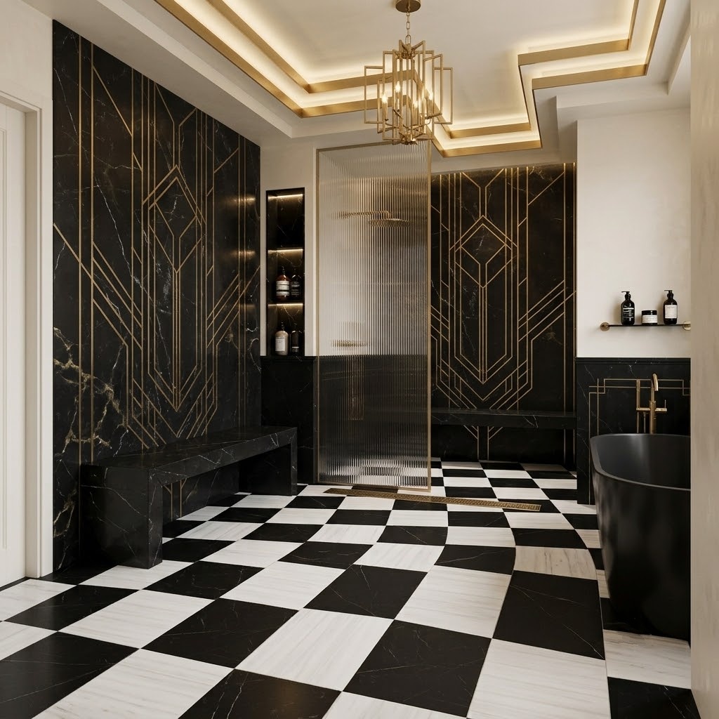 Luxury Art Deco Miami bathroom featuring Bianco Dolomiti Classic Black Honed Checkerboard Pattern Marble Tile flooring.