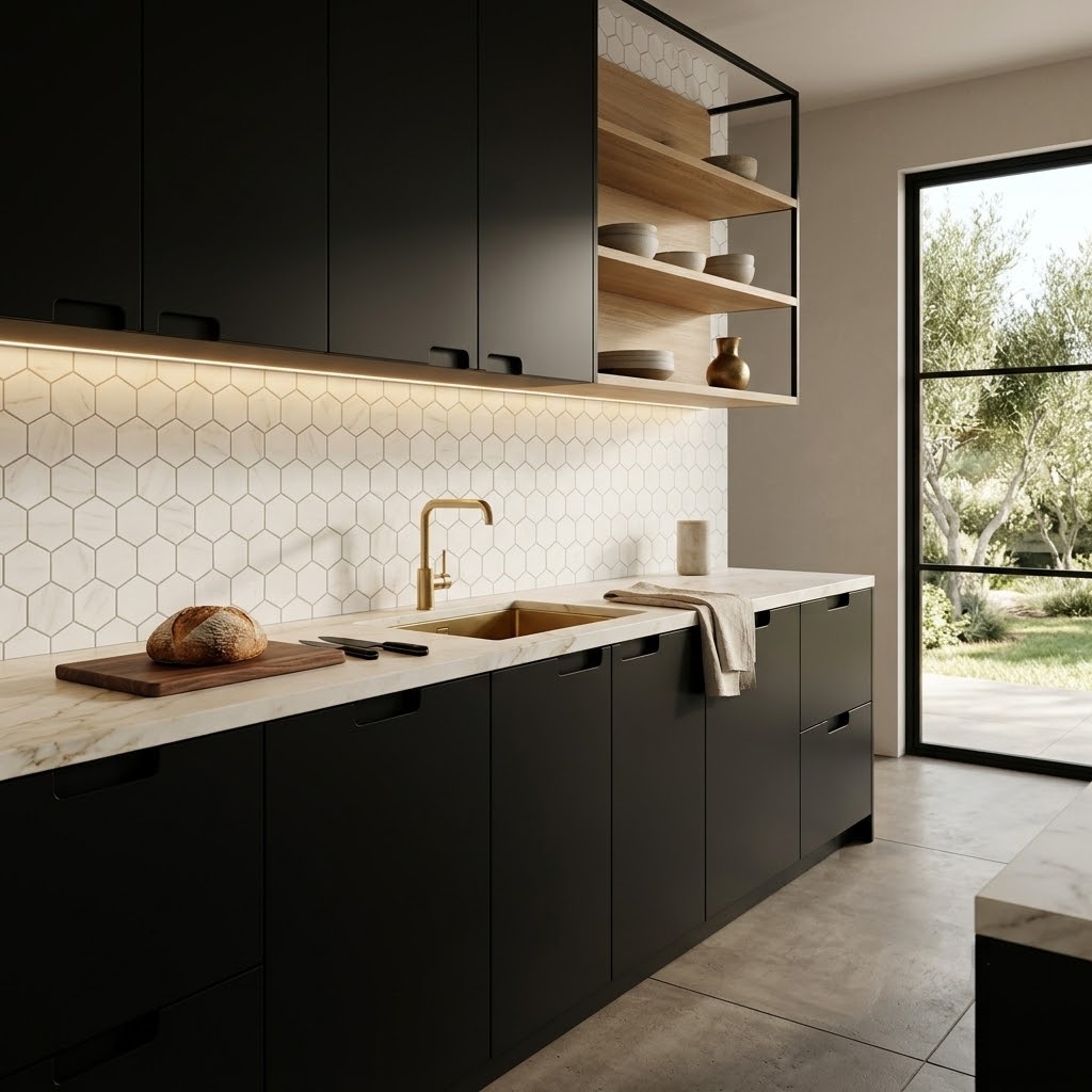 Modern kitchen in Fairfax with sleek matte black cabinets, wood accents, and a Bianco Dolomiti Classic honed hexagon marble mosaic tile backsplash.