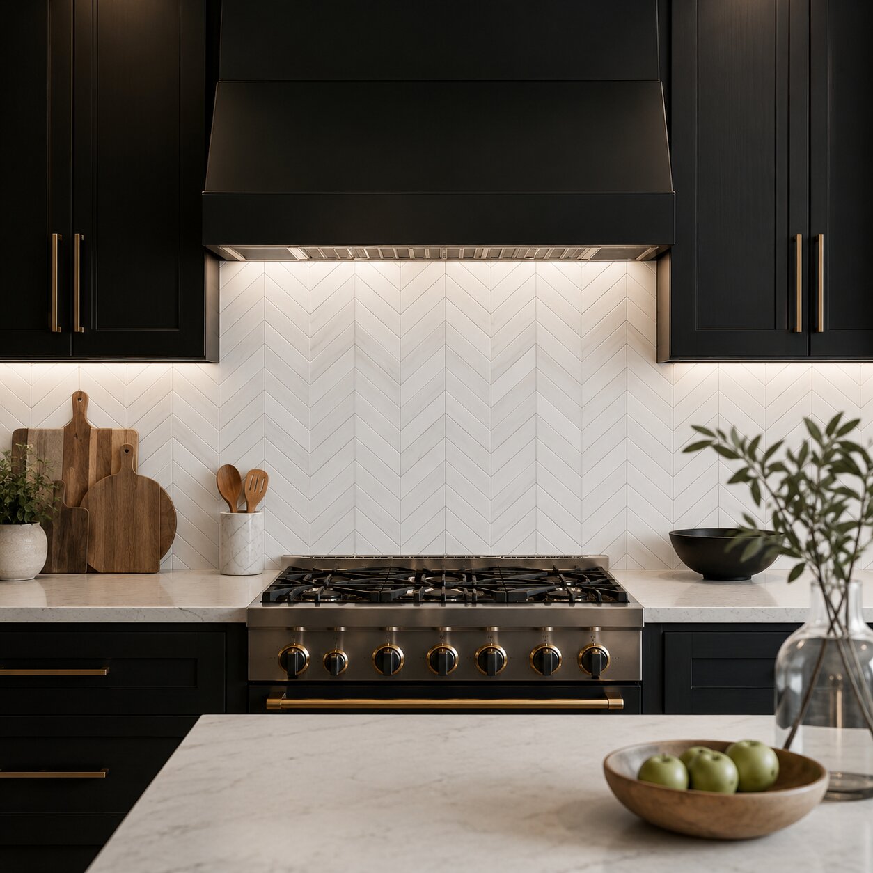 Modern kitchen in Fairfax featuring matte black cabinets Bianco Dolomiti Classic polished chevron waterjet marble mosaic tile backsplash.