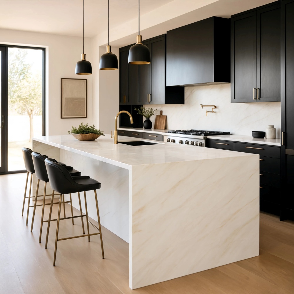 Anaheim kitchen design with black cabinets, white polishedmarble a waterfall island.