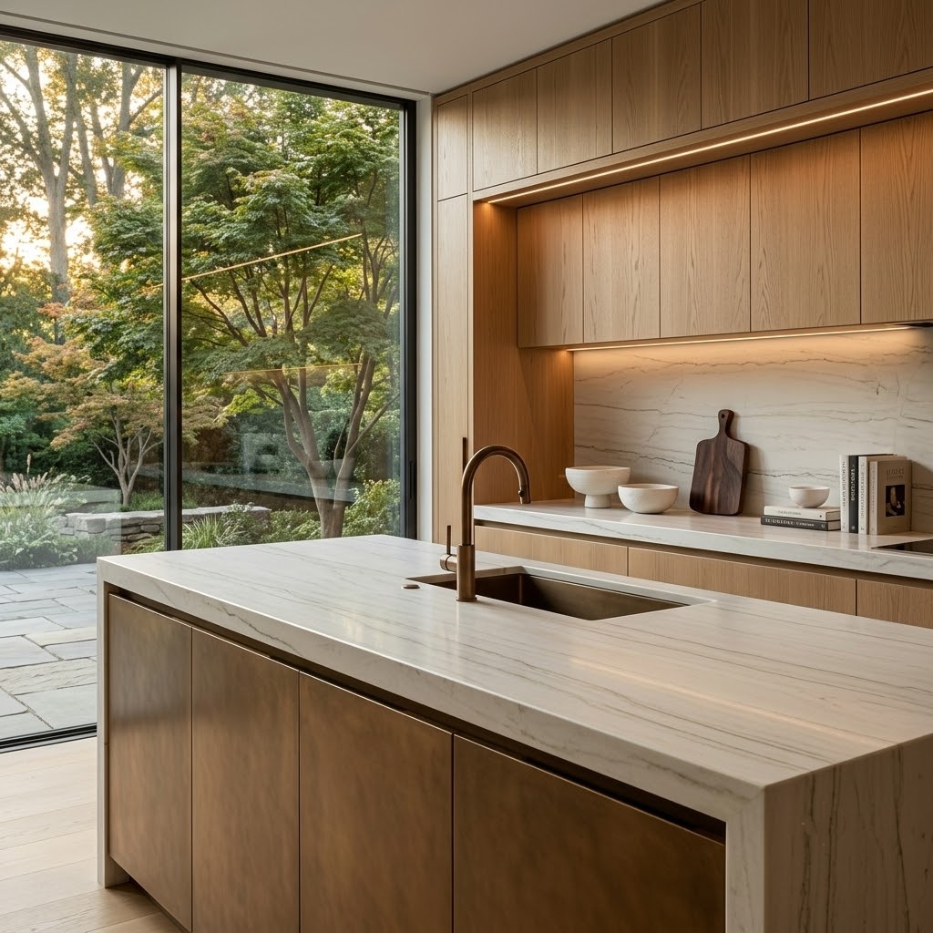 Bianco Superiore Polished Quartzite slab kitchen island in a modern New Jersey home.
