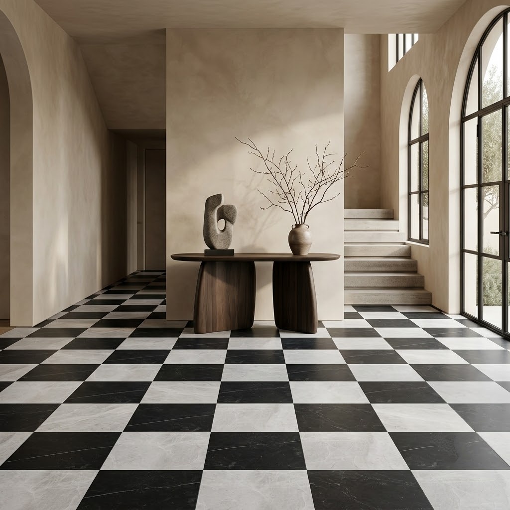 Black honed marble tile and white marble tile in a checkerboard pattern flooring in Anaheim.