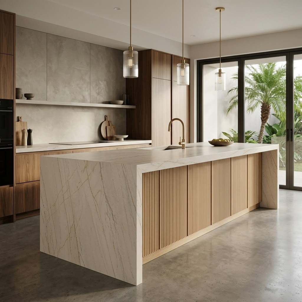 Modern luxury kitchen design in Puerto Rico featuring an island countertop made with Blanc Honed Quartzite Slab.