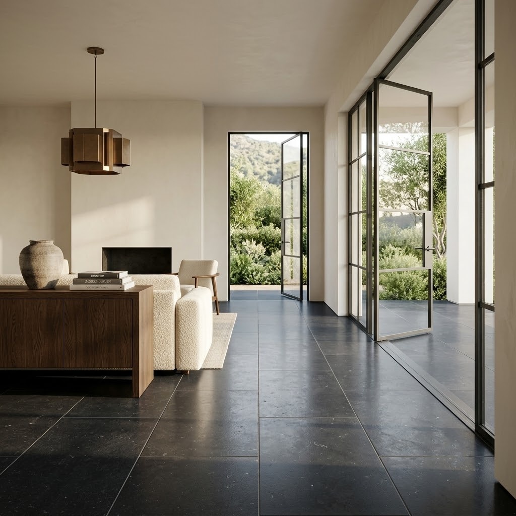 Bluestone Lappato limestone tile flooring in a modern Pompano Beach home.