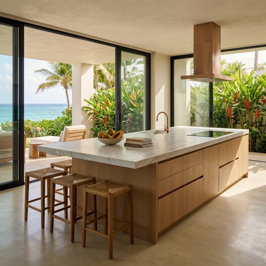 Modern Puerto Rico interior design featuring a Calacatta Caldia Supreme Honed Marble Slab countertop.