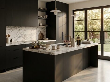 Modern kitchen featuring Calacatta Gold Classic honed marble countertops in Fairfax.