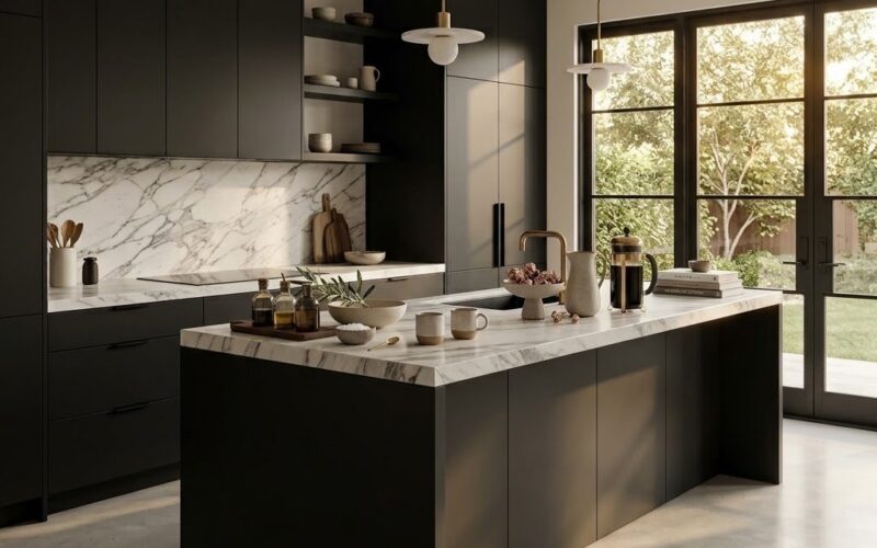 Modern kitchen featuring Calacatta Gold Classic honed marble countertops in Fairfax.
