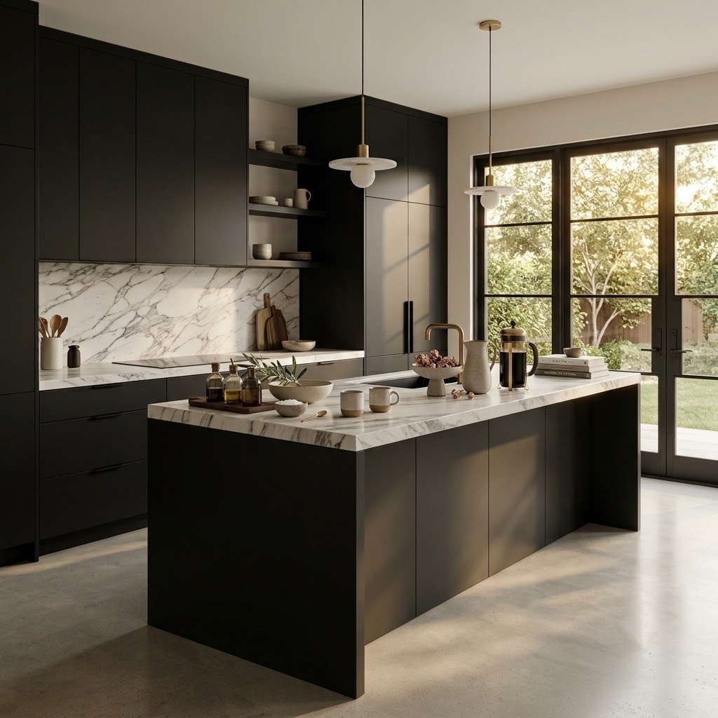 Modern kitchen featuring Calacatta Gold Classic honed marble countertops in Fairfax.