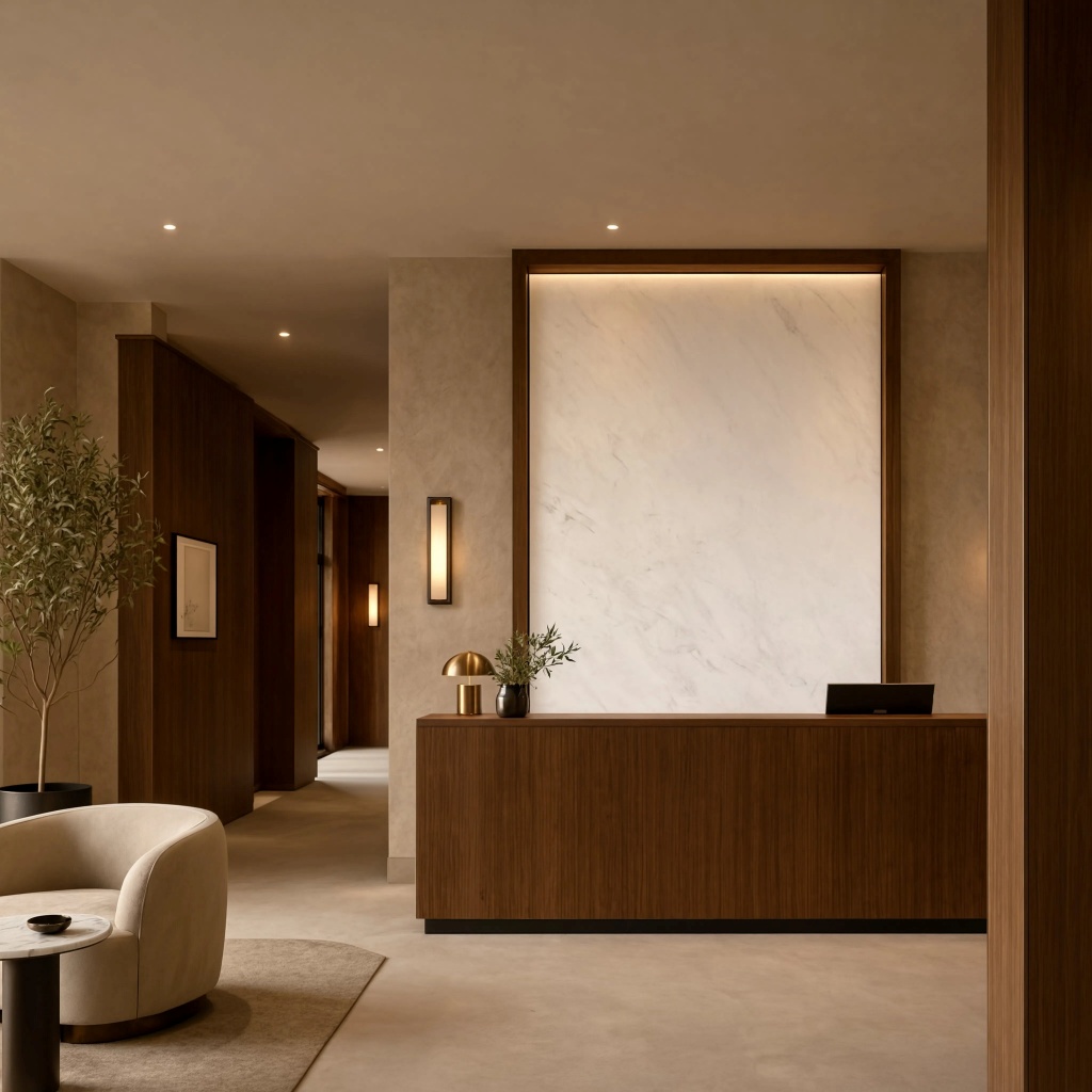 NYC natural design lobby showcasing a Calacatta light polished marble slab wall.