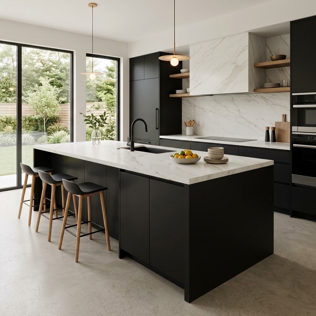 Modern kitchen in Fairfax with black cabinets and a matching island featuring a premium Calacatta polished marble countertop.